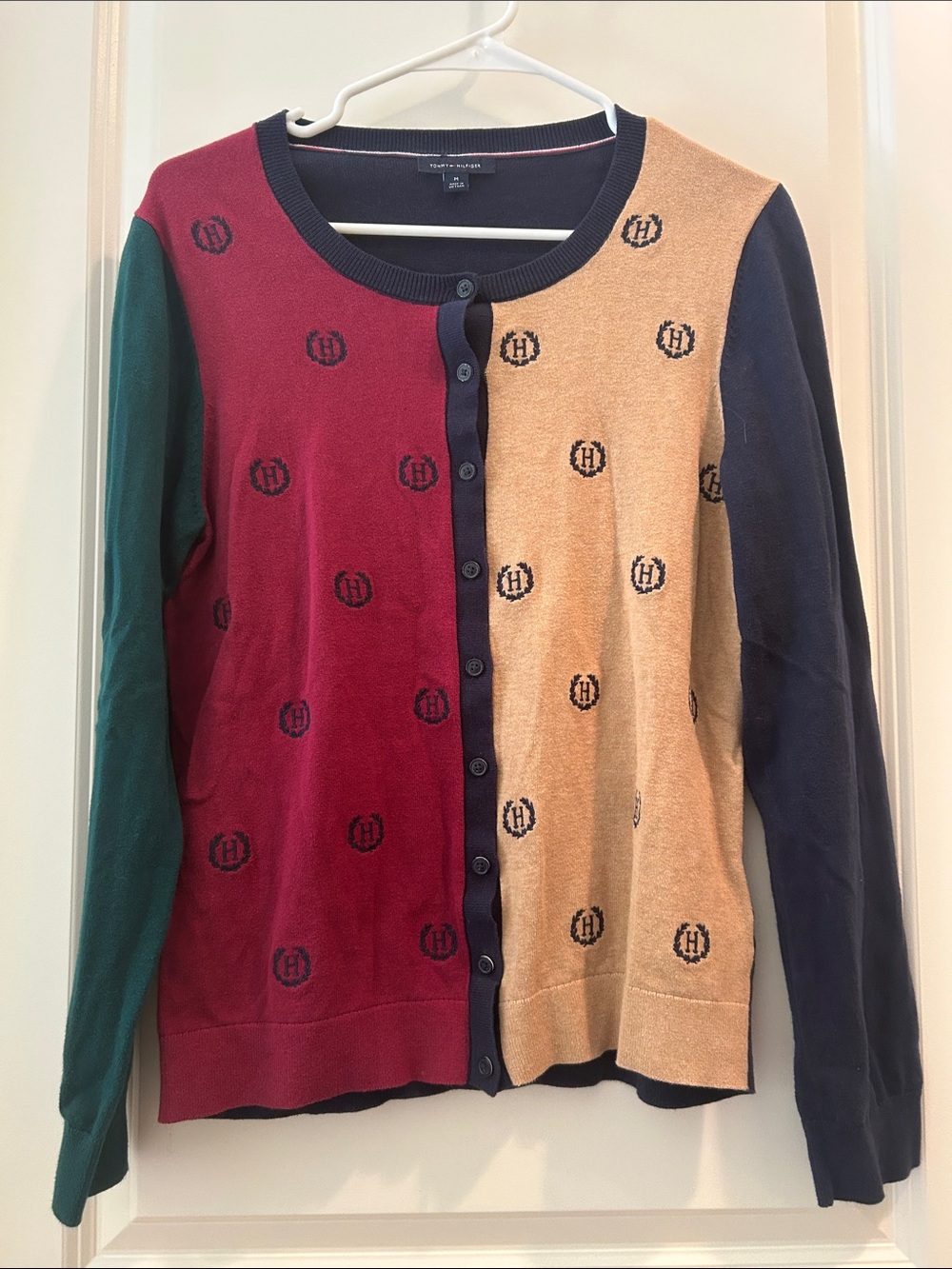 Tommy Hilfiger Colorblock Embroidered Logo Graphic Preppy Golf Cardigan size M